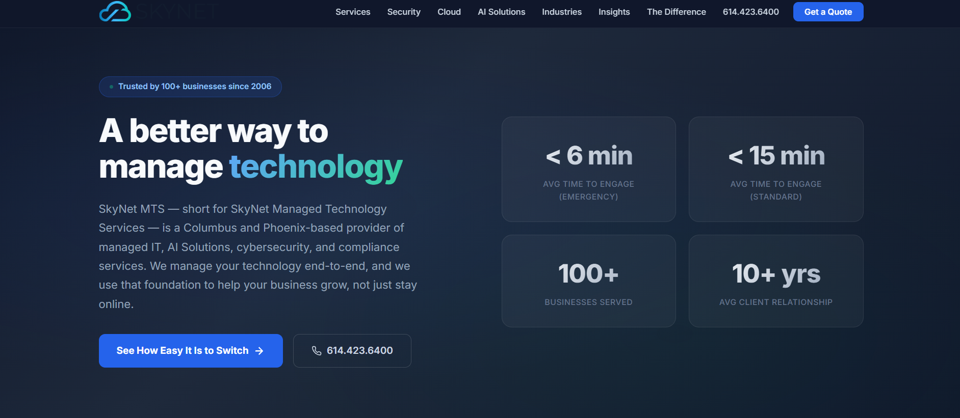 SkyNet MTS managed IT services Worthington Columbus Ohio homepage