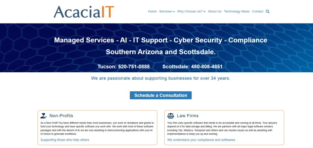 AcaciaIT managed IT and DFARS compliance Tucson homepage screenshot