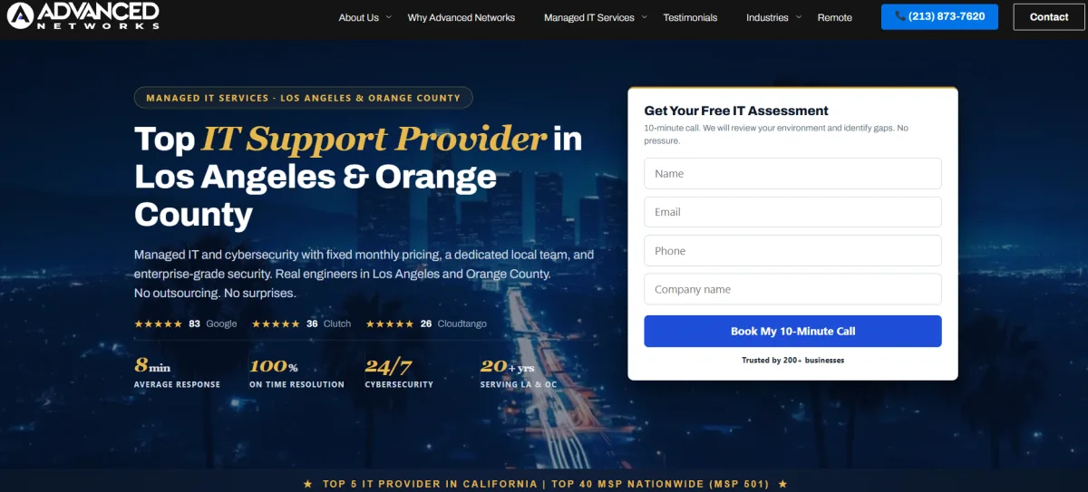 Advanced Networks homepage — MSP 501-ranked IT provider on Wilshire Blvd, Los Angeles