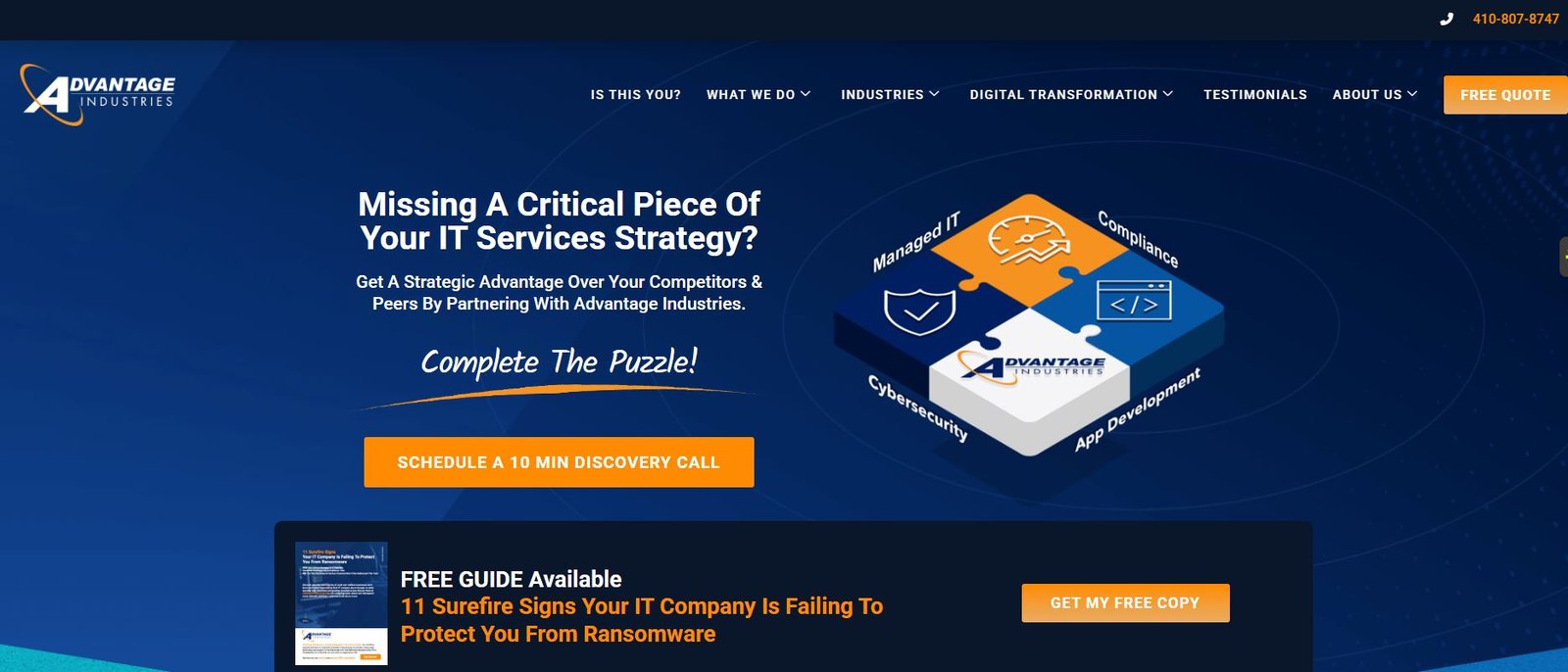 Advantage Industries Columbia MD CMMC RPO MSP Baltimore homepage screenshot