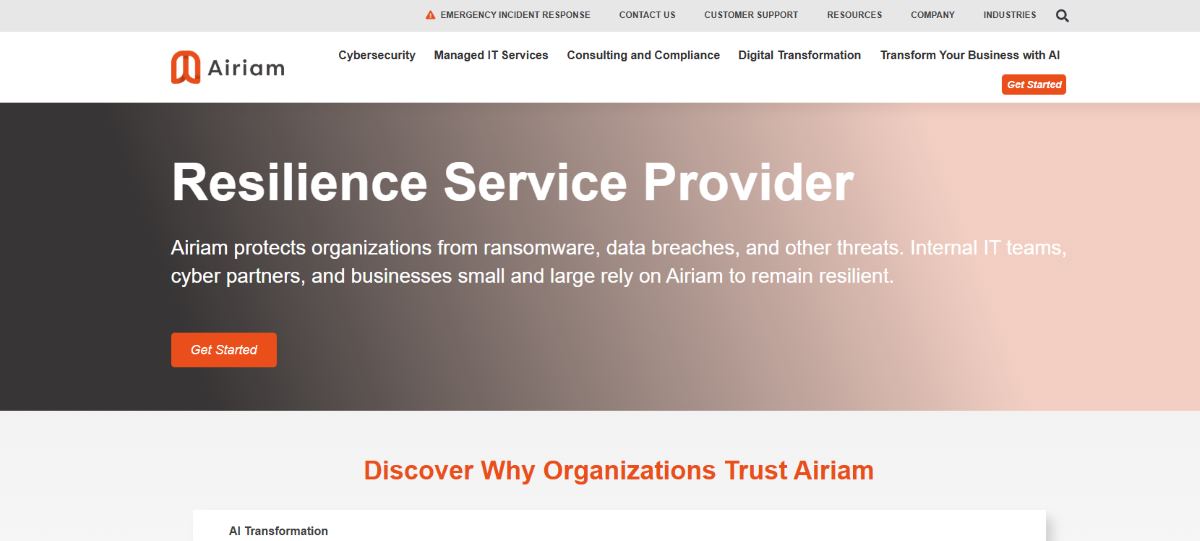 Airiam cybersecurity-first MSSP for auto dealerships homepage screenshot