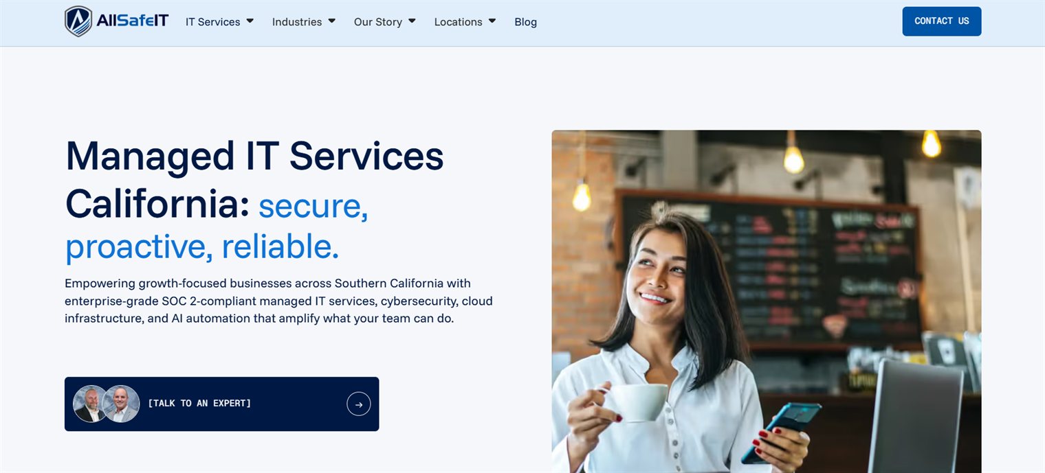 AllSafe IT homepage screenshot - SOC 2 Type II certified managed IT provider serving healthcare in Los Angeles and Orange County
