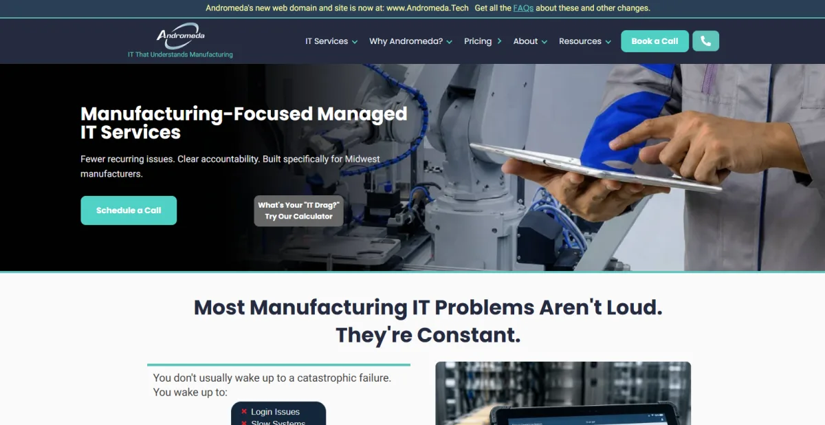 Andromeda Technology Solutions manufacturing-focused managed IT and CMMC services Milwaukee homepage screenshot