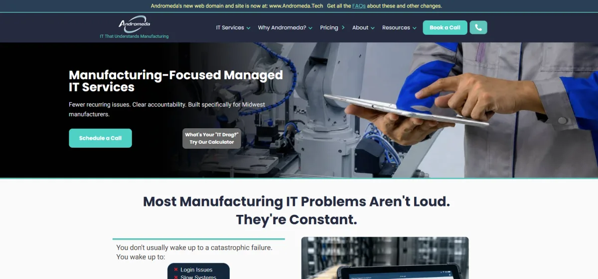 Andromeda Technology Solutions homepage - manufacturing-focused managed IT in Chicago