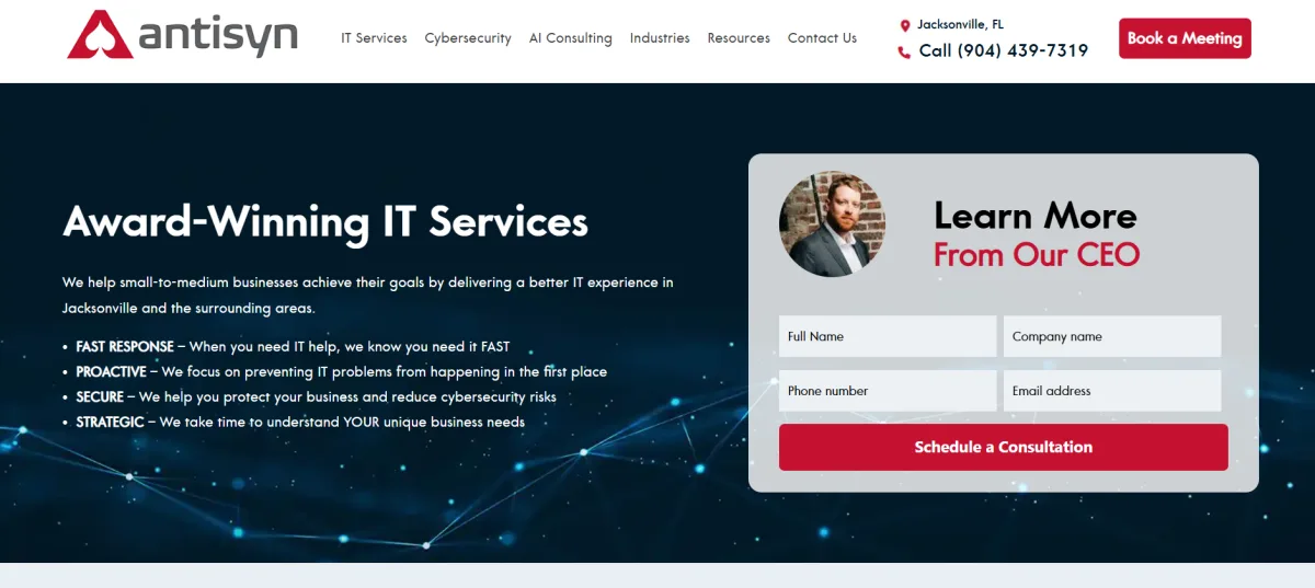 Antisyn homepage — most-reviewed managed IT and cybersecurity provider in Jacksonville