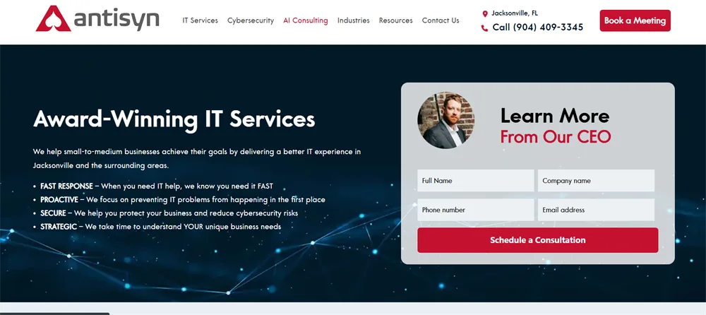Antisyn managed IT services for financial firms Jacksonville Florida homepage screenshot