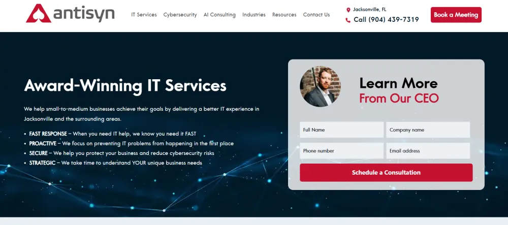 Antisyn transportation and logistics IT services Jacksonville homepage screenshot