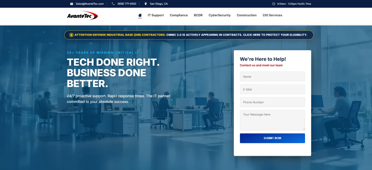AvanteTec homepage — CMMC Registered Practitioner MSP for San Diego DIB contractors