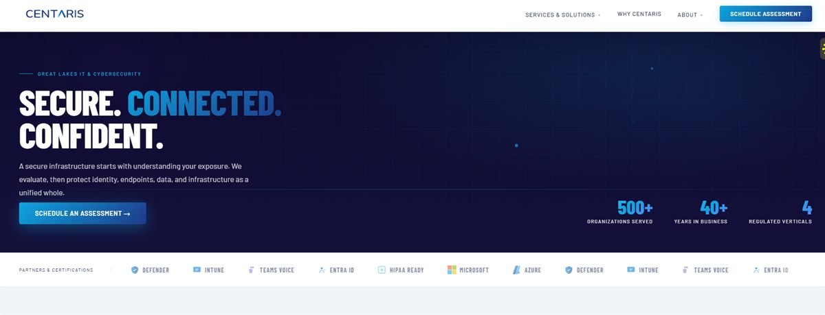Centaris managed IT services homepage screenshot Michigan