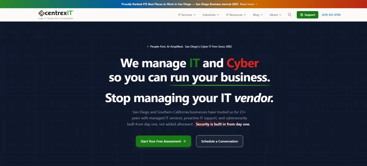 centrexIT homepage — top-ranked MSP for defense contractors in San Diego
