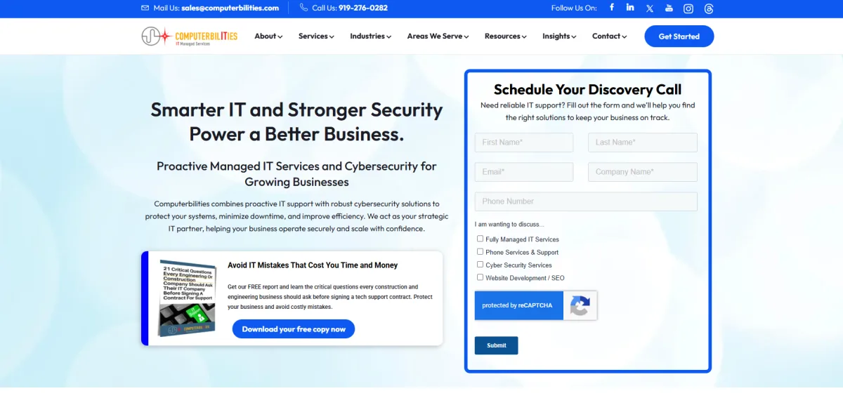 Computerbilities managed IT for AEC and light manufacturing Cary NC homepage screenshot