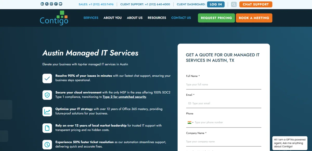 Contigo Technology homepage — Austin-only healthcare MSP, ranked #3 by itreviews.co with Trust Score 7.3/10