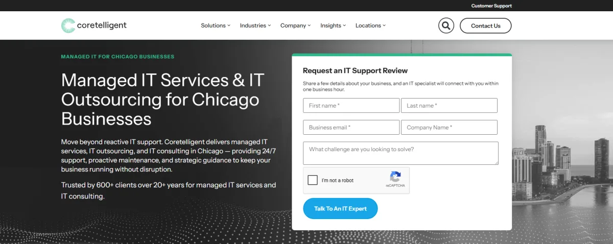 Coretelligent managed IT financial services Chicago homepage