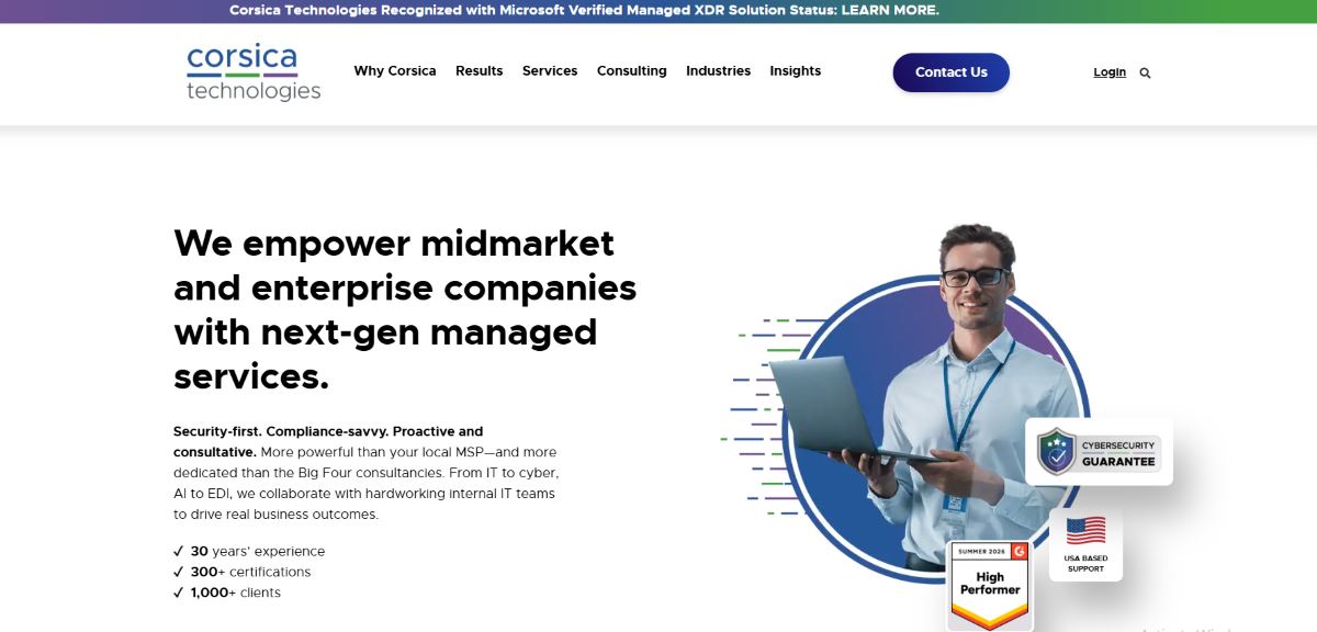 Corsica Technologies managed IT services cybersecurity guarantee homepage