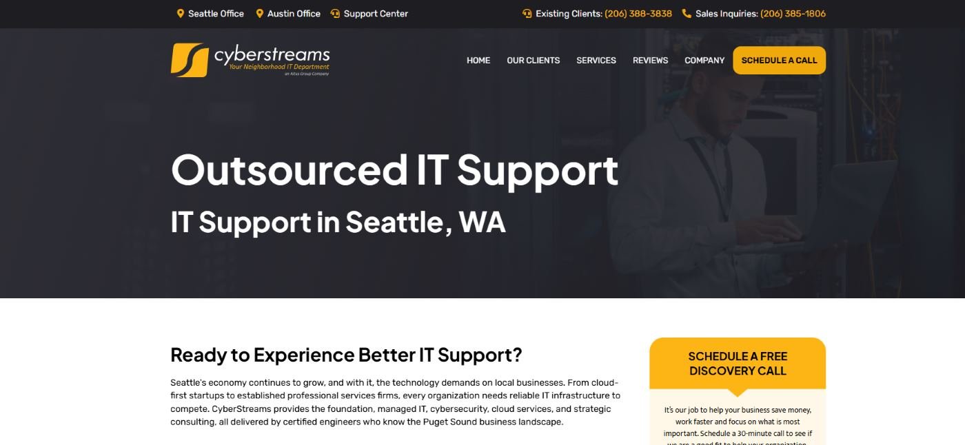 CyberStreams managed IT services in Seattle WA homepage screenshot