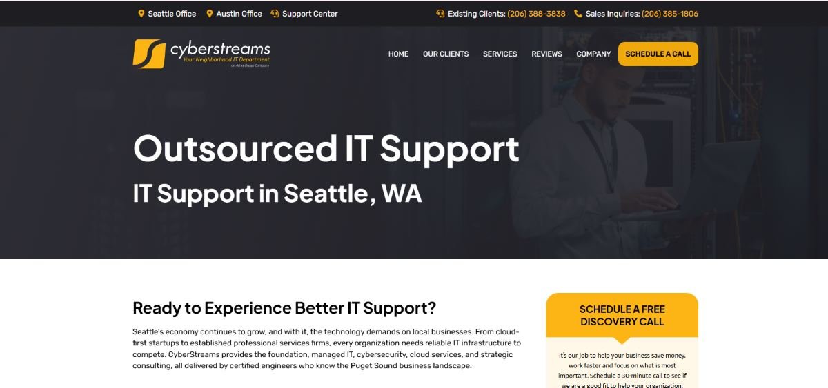 CyberStreams managed IT services 90-second response Seattle homepage screenshot