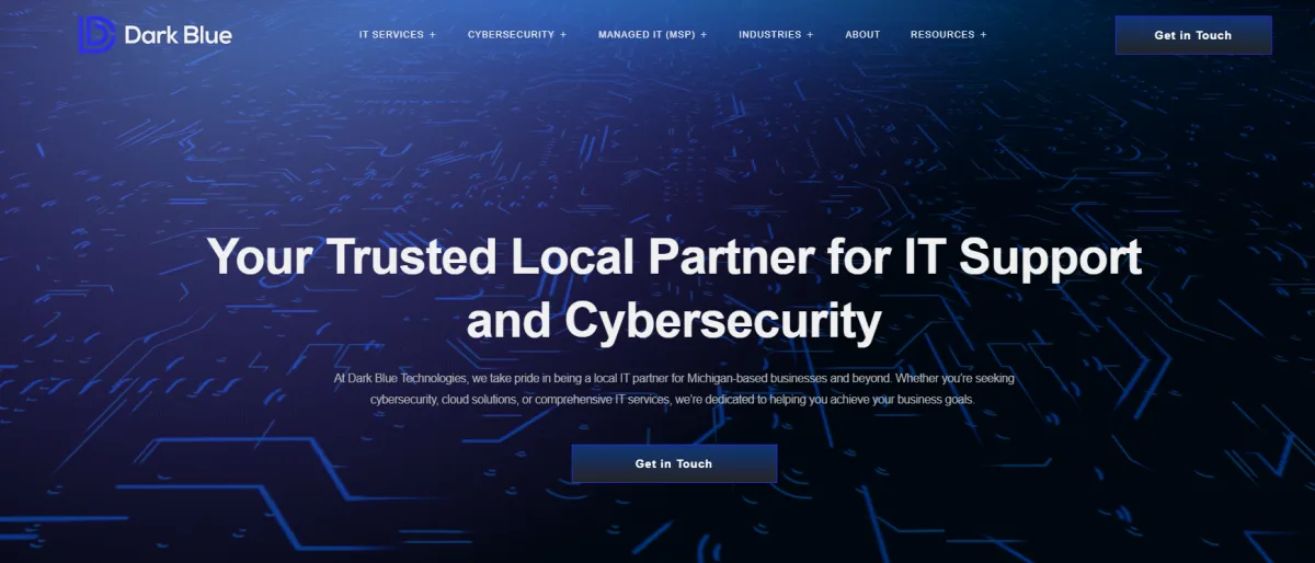 Dark Blue Technologies local IT support and cybersecurity homepage for Michigan businesses