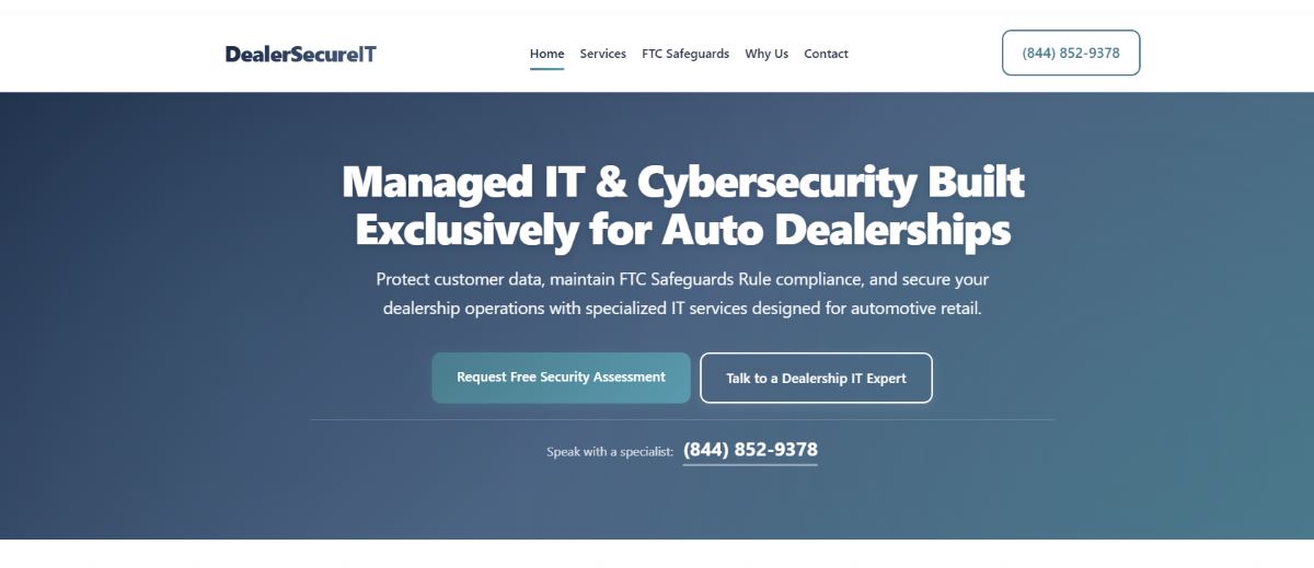 Dealer Secure IT FTC Safeguards compliance for auto dealerships homepage screenshot