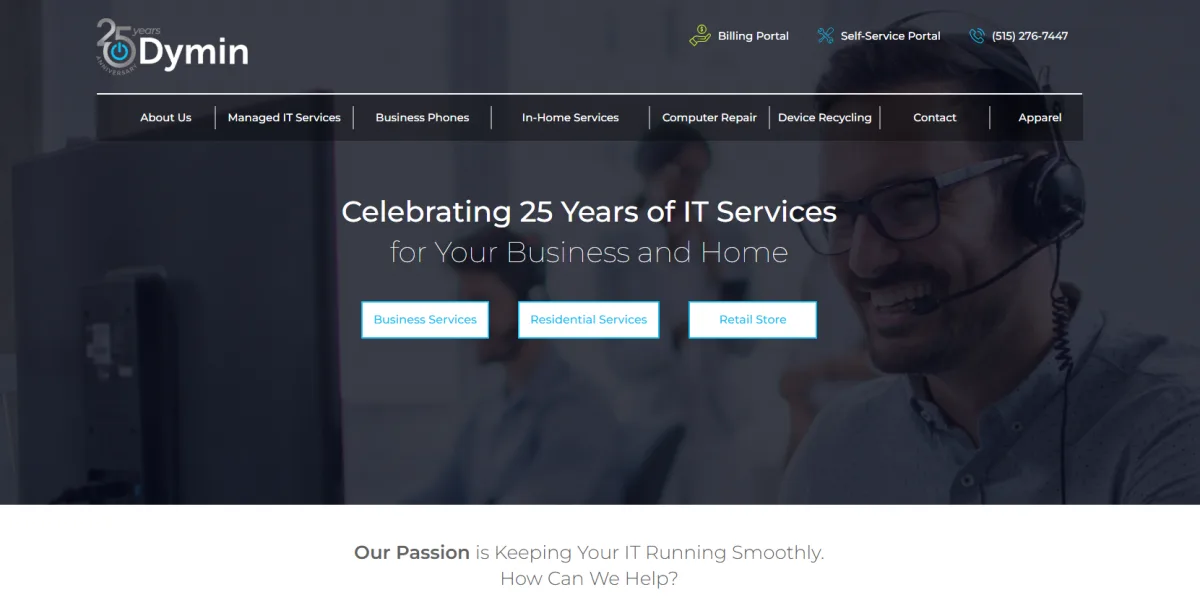 Dymin Systems homepage managed IT Des Moines