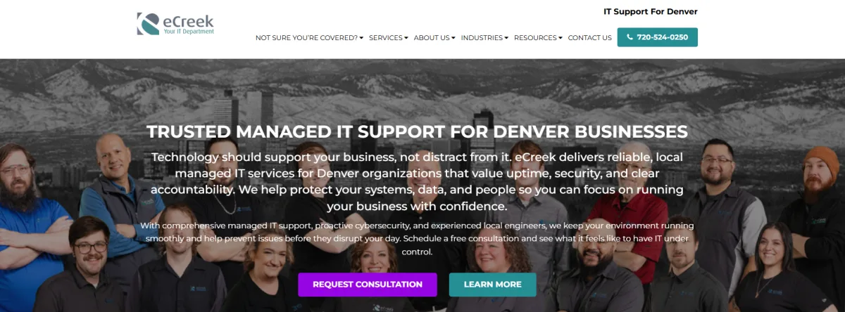 eCreek IT Solutions managed IT support homepage for Denver healthcare practices
