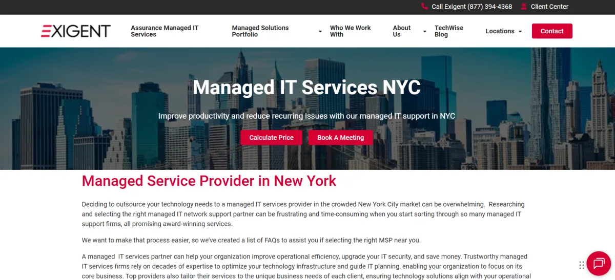 Exigent Technologies NYC managed IT services homepage