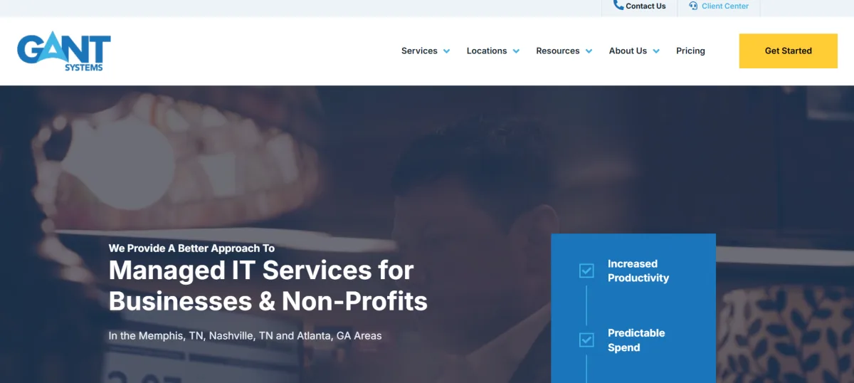 Gant Systems managed IT for financial services firms Memphis Tennessee homepage screenshot