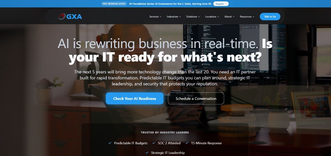 GXA cybersecurity-first managed IT for professional services Dallas TX homepage screenshot