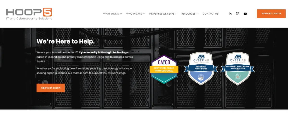 Hoop5 Networks homepage — no-contract CMMC and AI governance MSP near San Diego