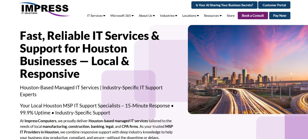 Impress Computers homepage - Houston manufacturing MSP ranked #5 with a Trust Score of 7.0/10