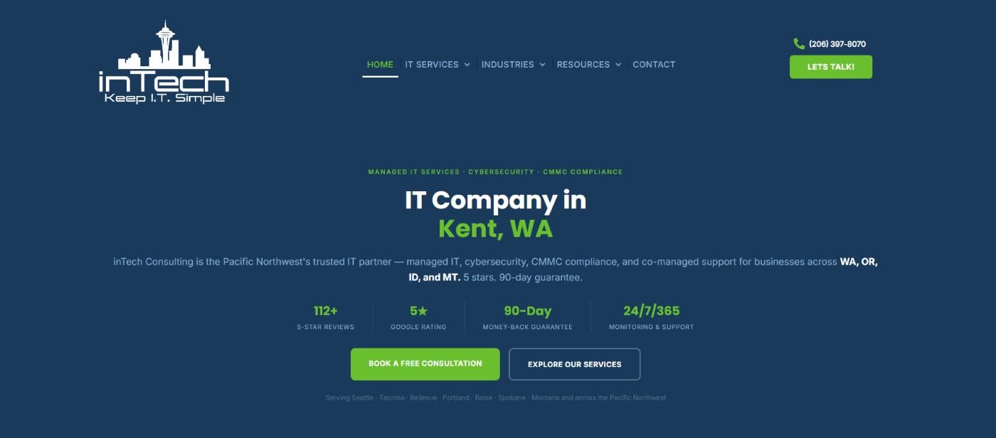 inTech Consulting manufacturing IT services in Kent WA homepage screenshot