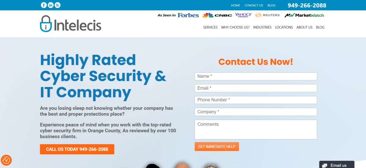 Intelecis homepage screenshot — cybersecurity and IT for finance companies in Southern California