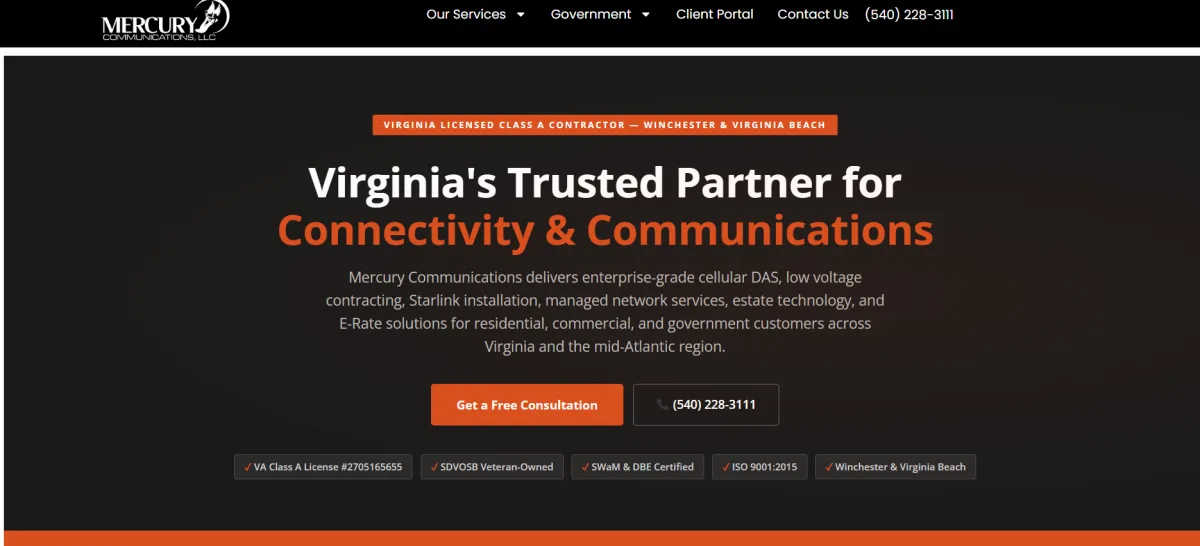 Mercury Communications managed network services Virginia Beach homepage