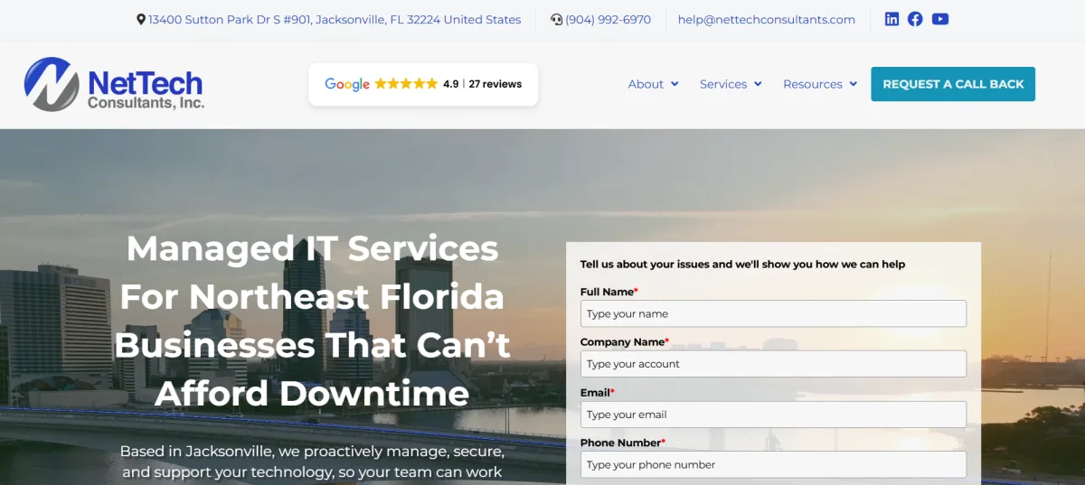 NetTech Consultants homepage — 30-year Jacksonville managed IT firm with CMMC and NIST support