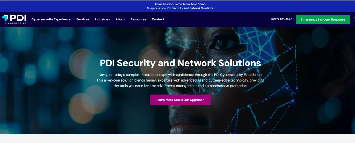 Nuspire (PDI Security and Network Solutions) managed security homepage serving Detroit automotive suppliers