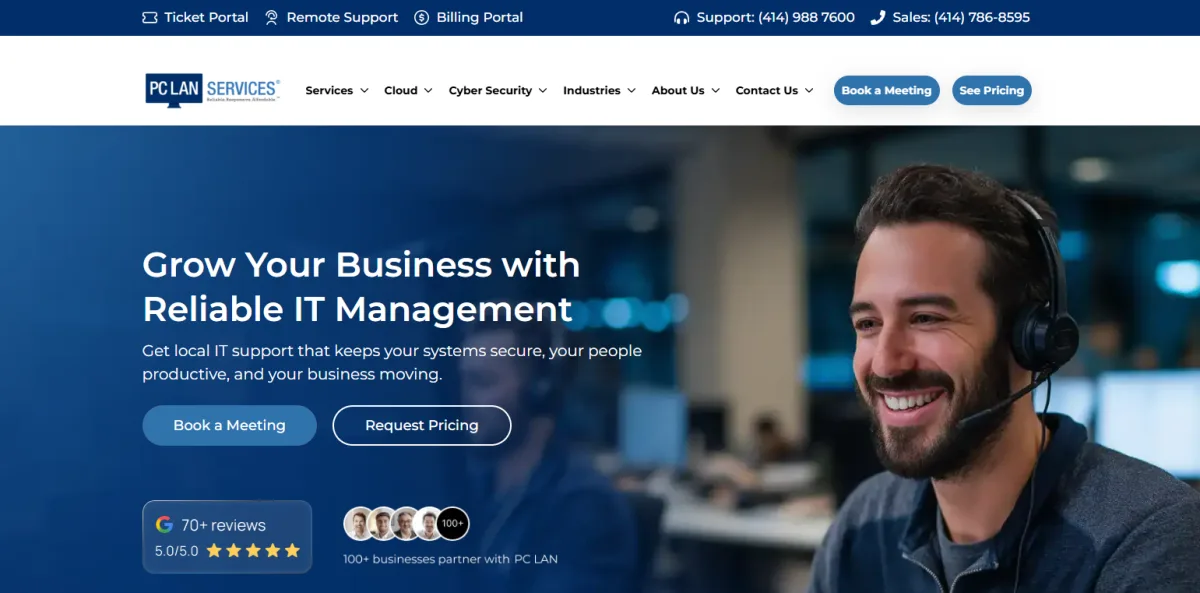 PC LAN Services Milwaukee managed IT for manufacturers homepage screenshot