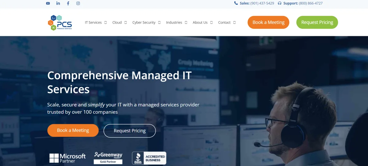PCS Managed Services PCI-DSS compliance managed IT Memphis Tennessee homepage screenshot
