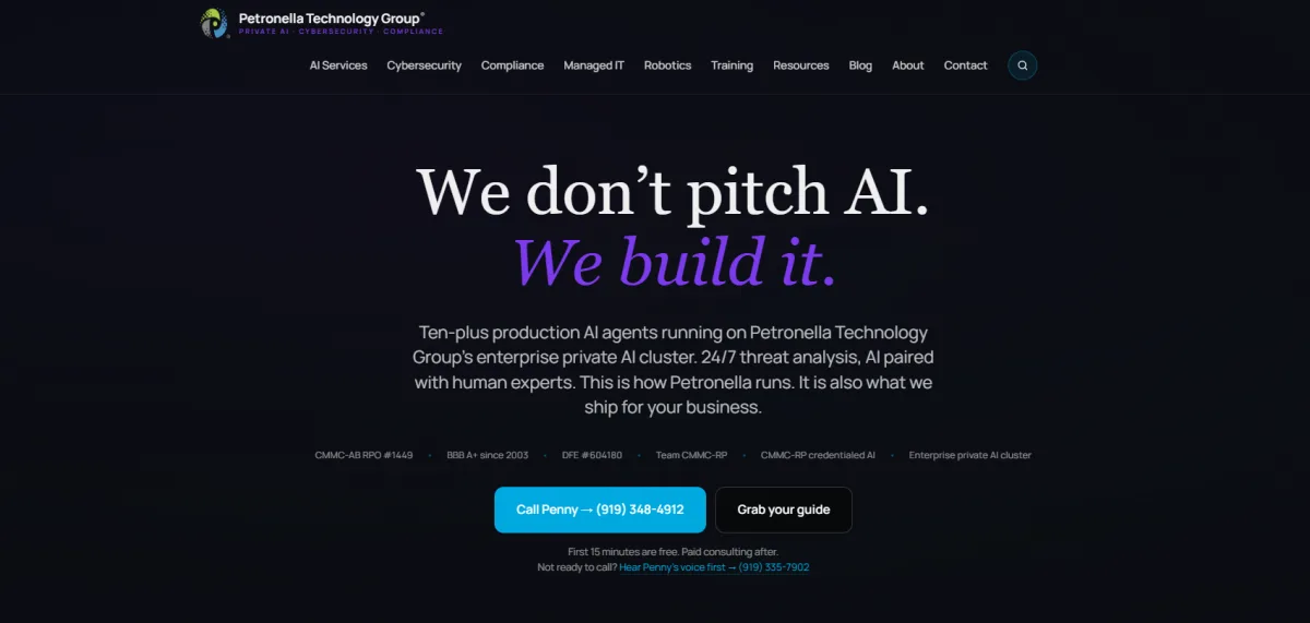 Petronella Technology Group CMMC and cybersecurity MSP Raleigh NC homepage screenshot