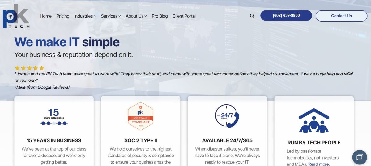 PK Tech managed IT support Phoenix Arizona homepage