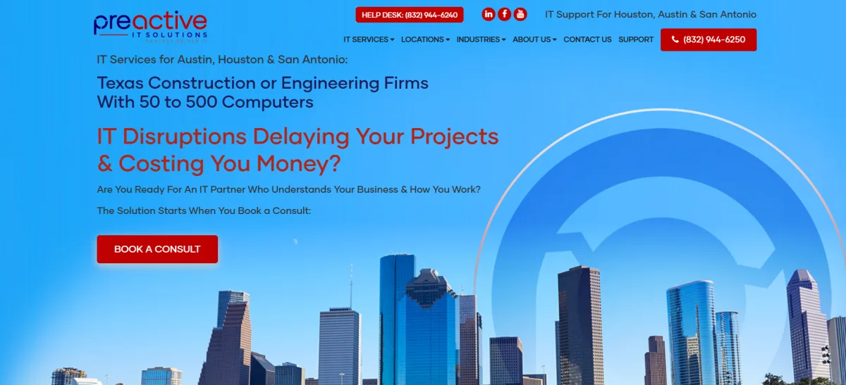 Preactive IT Solutions homepage - Houston manufacturing MSP ranked #6 with a Trust Score of 6.8/10