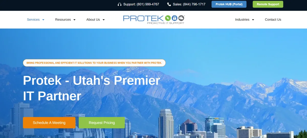Protek Support manufacturing IT services in Sandy, Utah homepage screenshot