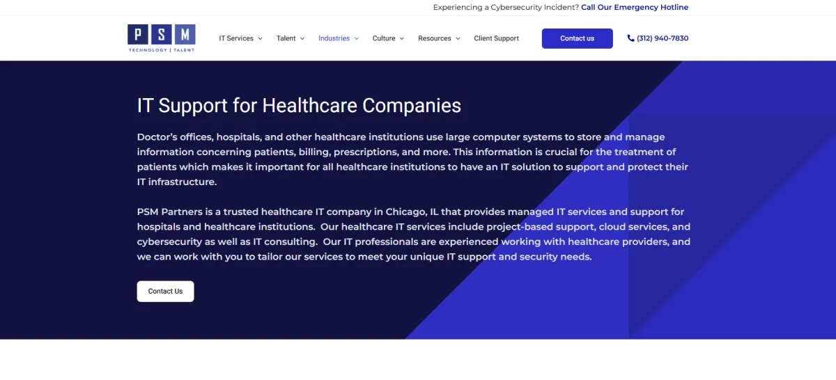PSM Partners healthcare IT support Chicago homepage