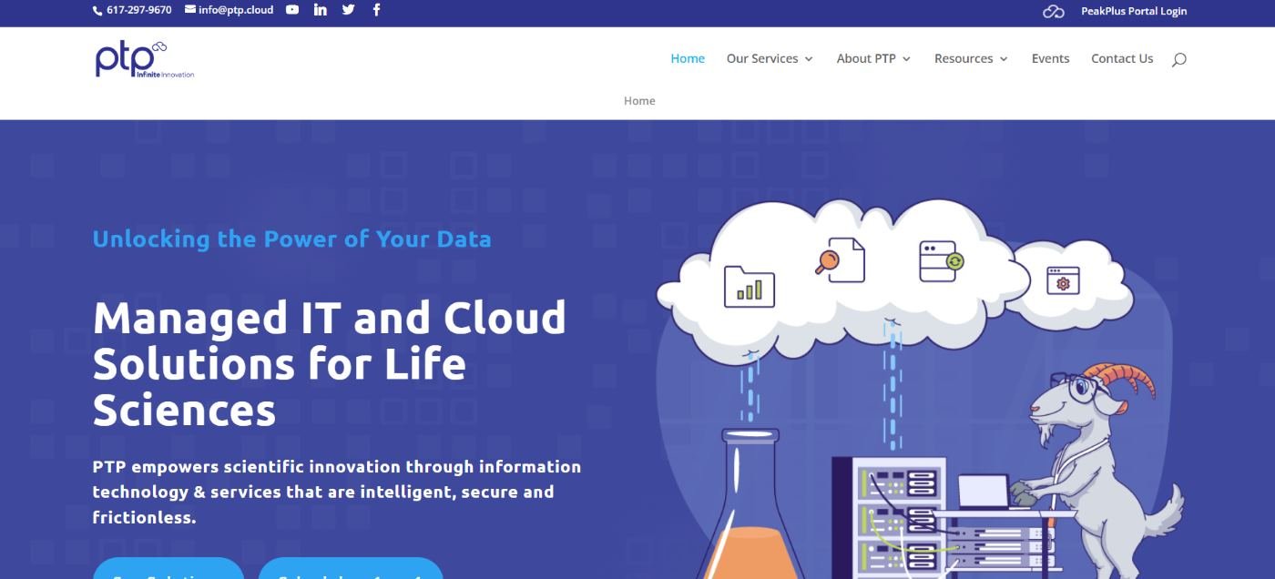PTP Cloud life sciences managed IT Norwood MA homepage screenshot