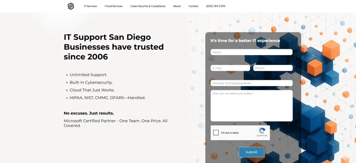 Secure Networks ITC homepage — CMMC-ready managed IT for small San Diego defense subcontractors