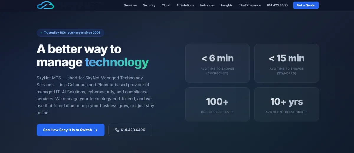 SkyNet MTS managed IT services healthcare Columbus homepage