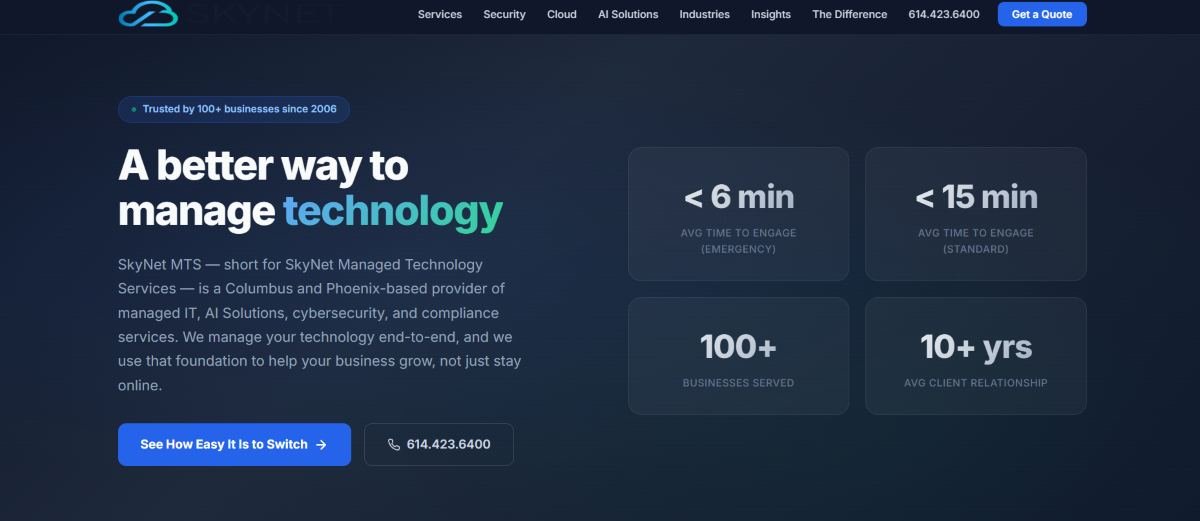 SkyNet MTS managed IT services in Phoenix homepage screenshot
