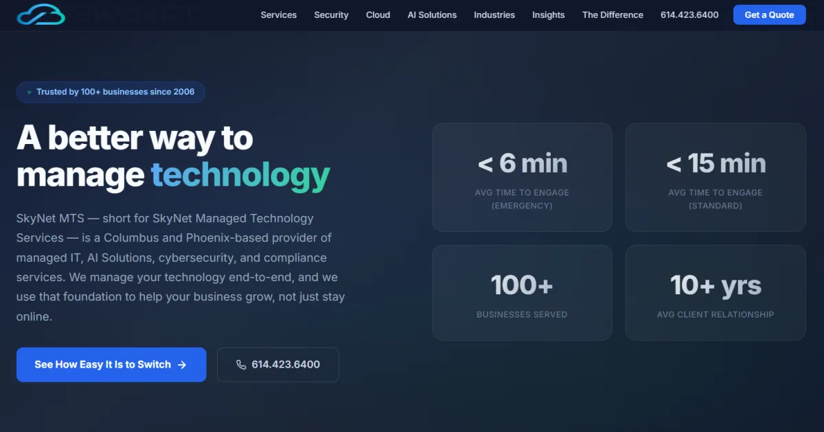 SkyNet MTS managed IT Worthington Ohio homepage