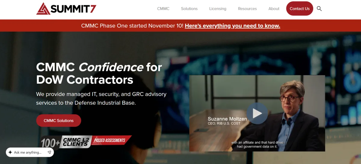 Summit 7 CMMC compliance and GCC High services for DoD contractors homepage