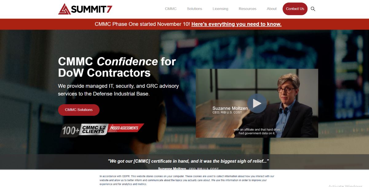 Summit 7 managed services and CMMC compliance for DoD contractors homepage screenshot