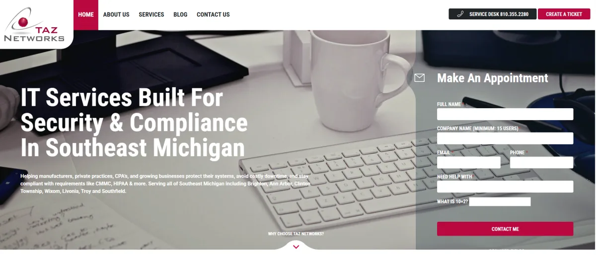 TAZ Networks homepage — Southeast Michigan MSP with dedicated legal IT services
