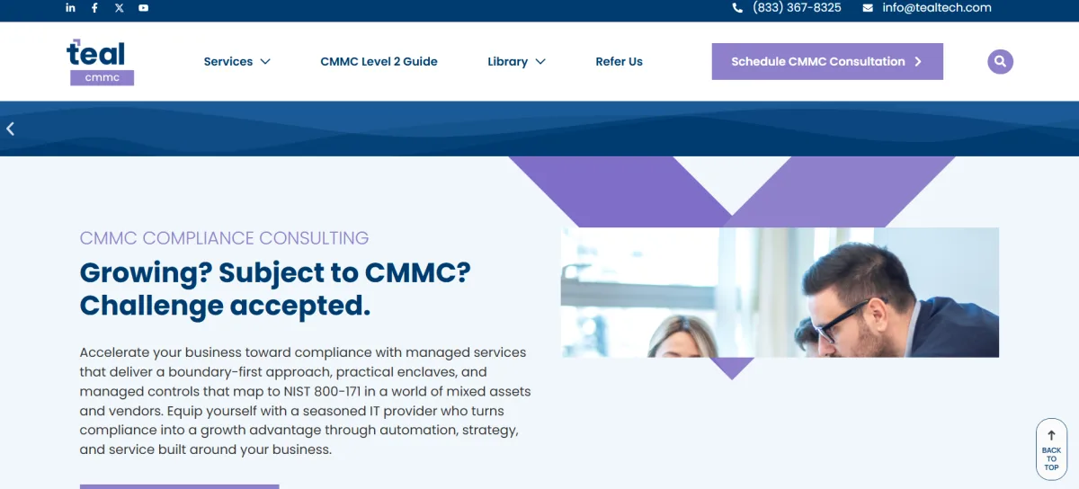 Teal CMMC managed IT and CMMC compliance for defense contractors in Washington DC homepage